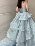 Chic Ball Gown Sweetheart Light Sky Blue Sequins Long Formal Fancy Prom Evening Dress Dinner Outfits Party Gowns For Teens HZ0311