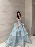 Chic Ball Gown Sweetheart Light Sky Blue Sequins Long Formal Fancy Prom Evening Dress Dinner Outfits Party Gowns For Teens HZ0311