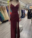 Sparkly Sheath Spaghetti Straps Burgundy Wine Dark Red Sequin Long With Slit Evening Party Gowns Special Formal Dresses Prom Dress HZ0311