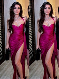 Modest Mermaid Halter Hot Pink With Slit Pleated Marine Ball Dresses Floor Length Formal Gowns Satin Long Prom Dresses Evening Gowns HZ0311