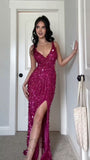 Modest Mermaid V Neck Fuchsia With Beaded Crystals Long Prom Dresses Inspo Prom Gowns HZ0311
