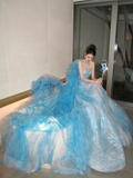 Modest Ball Gown Strapless Ice Blue With Long Cape Tiered Layered Prom Dress Aesthetic Long Graduation Evening Outfits HZ0311