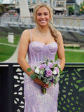 Shiny Blush Pink Sequins Mermaid Spaghetti Straps Long Beaded Prom Dress Party Gowns HZ0311