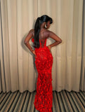 Gorgeous Red Sweetheart Mermaid Prom Dresses Sleeveless Strapless With Lace Party Gown HZ0311