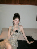 Glitter Mermaid High Low Halter Champagne With Beaded Crystals Prom Dress Aesthetic Long Graduation Evening Outfits HZ0311