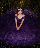 Chic Ball Gown Off The Shoulder Grape Sequin Long Formal Fancy Prom Evening Dress Dinner Outfits Party Gowns For Teens Girls HZ0311