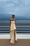 White Strapless Satin Chiffon Split Holiday Summer Prom Dress 18th Birthday Outfits HZ0311