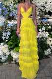 Sexy Yellow Prom Dress Aesthetic Classy A line Spaghetti Strap Sleeveless Chiffon Prom Gowns HZ0311