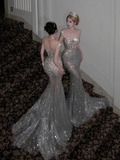 Luxurious Wedding Dresses Mermaid Style With Beaded Crystals Bodice Silver Sequin Bride Dress For Brides Fitted Bridal Gown HZ0311