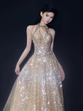 Princess A line Halter Gold Sequins Long Prom Dress Fashion Aesthetic For Teens Formal Dresses Party Outfits Prom Gown HZ0311