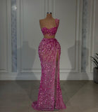 Modest Mermaid One Shoulder Pink With Split Sequins Inspo Formal Party Gowns Long Prom Dresses HZ0311