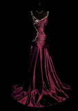 Chic Grape Dresses V-neck A-Line Long Prom Dresses Embroidery Satin Sleeveless Princess Formal Dress HZ0311