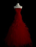 Modest Mermaid Strapless Red Tulle Long Prom Dresses Inspiration Evening Gowns For Women Teens Formal Party Dress HZ0311