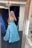 Classy Ball Gown Sweetheart Light Blue Chiffon With Slit Split Prom Dress Aesthetic For Teens Formal Dress Party Outfits Prom Gowns HZ0311
