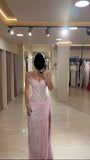 Sexy Mermaid Strapless Pink Lace With Split Prom Dresses Long Evening Formal Gown With Pleated Party Gowns HZ0311