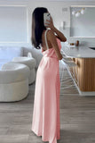Sheath Spaghetti Straps Satin Long Prom Dresses With Pearls For Women HZ0311