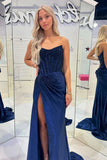 Elegant Mermaid Strapless Navy Blue With Beads Slit Long Formal Prom Evening Dress Dinner Outfits Party Gowns HZ0311