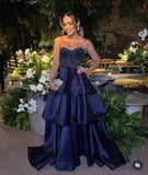 Modest Ball Gown Strapless Navy Blue Satin Beaded Long Prom Dresses Inspiration Evening Gowns For Women Formal Party Dress HZ0311
