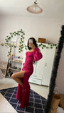 Modest Mermaid Spaghetti Strap Hot Pink Satin Slit Prom Dresses Sleeveless Long Formal Party Gown HZ0311