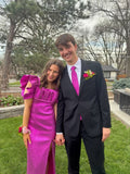 Modest Sheath Square Neck Hot Pink Slit Prom Dresses Inspo For Teens Formal Dress Party Outfits Prom Gowns HZ0311