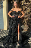 Sparkly Ball Gown Off The Shoulder Lace Slit For High School Teens Girls Prom Dresses Sequin Long Formal Evening Party Gowns HZ0311