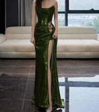 Elegant Mermaid Strapless Dark Green Sequin With Slit Evening Women Party Dresses Long Formal Prom Dress 16 Birthday Gown HZ0311