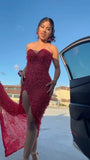 Sparkle Mermaid Sweetheart Burgundy Sequins With Beads Slit Long Prom Dresses Formal Gown Inspo Evening Outfit HZ0311