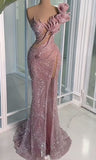 Glitter Mermaid One Shoulder Pink Sequin With Pleated Slit Long Prom Dresses Formal Gown Inspo Evening Outfit HZ0311