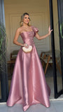 Simple A Line One Shoulder Satin Sleeveless Pink Long Prom Dresses Wedding Guest Dress Classy Prom Gowns HZ0311