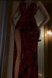 Elegant Mermaid Strapless Dark Burgundy Sequin With Slit Evening Women Party Dresses Long Formal Prom Dress 16 Birthday Gown HZ0311