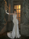 Sexy Mermaid Halter White Wedding Dress With Pearls Fairytale Brides Gown Wedding Dresses HZ0311