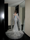 Shimmer Mermaid Long Sleeve Sequin Wedding Dress With Cape Feather Fairytale Brides Gown Wedding Dresses HZ0311