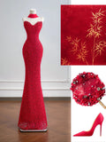 Romantic Mermaid Sweetheart Red Lace With Scarf Long Prom Dresses Impress 18th Birthday Outfits Party Gown HZ0311