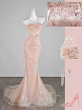 Classy Mermaid Pink Strapless Sequin Sleeveless Senior Prom dresses High School Formal Dress HZ0311