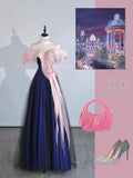 Modest Night Aesthetic Ball Gown Off The Shoulder Blue Pink Tulle College Formal Sweet 16 Outfit Long Prom Dresses For Teens HZ0311