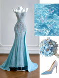 Luxurious Mermaid Spaghetti Strap Blue With Silver Beaded Prom Dresses Long Evening Formal Birthday Party Gowns HZ0311