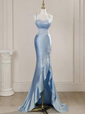 Vintage Sky Blue Applique Sequin Sheath Sweetheart Satin Evening Gown Spaghetti Strap Party Dress Slit Ruffled Long Formal Dress HZ0311