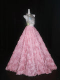 Princess Ball Gown 2 Pieces High Neck Silver Sequin Pink Floral Long Formal Evening Dress Formal 18th Birthday Gowns Prom Dresses HZ0311