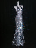 Glittery Mermaid Halter Grey Sequins Long Prom Dresses Evening Outfits Formal Dress HZ0311