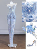 Sparkly Mermaid Scoop Neck Silver Sequin With Beaded Long Prom Dresses Formal Dress Party Birthday Outfits HZ0311