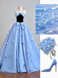 Timeless Ball Gown Strapless Blue Satin With Bow-knot Long Prom Dresses Inspiration Party Gowns HZ0311