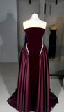 Elegant A line Strapless Burgundy Velvet With Beads Winter Long Formal Ideas Prom Evening Dress Dinner Outfits Party Gowns For Women HZ0311