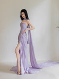 Charming Mermaid Strapless Lilac Slit Long Evening Prom Dresses Floor Length Evening Formal Dress HZ0311