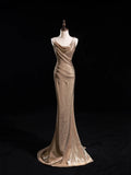 Glitter Mermaid Asymmetrical Neck Sequin Long Prom Dresses Champagne Formal Gowns Inspo Evening Outfit HZ0311