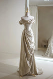 Simple Mermaid Off The Shoulder Champagne Sequin Long Prom Dresses Formal Gowns Inspo Evening Outfit HZ0311