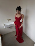Unique Mermaid Spaghetti Strap Red With Scarf Long Prom Dresses Inspiration 18th Birthday Gowns Formal Evening Dress HZ0311