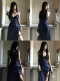 Sexy Navy Blue V-neck Lace-Up Mermaid Long Prom Dress with Slit Formal Dress HZ0311