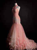 Classy Mermaid Halter Tulle Pink College Formal Outfit Long Prom Dress Graduation Dresses HZ0311