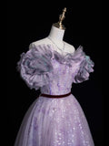 Elegant Ball Gown Off The Shoulder Lilac Sequin Tulle Long Prom Dresses For Teens Evening Outfits Formal Dress HZ0311