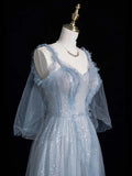 Beautiful Ball Gown Spaghetti Strap Blue Tulle Long Prom Dresses Inspiration Evening Gowns Formal Dress HZ0311